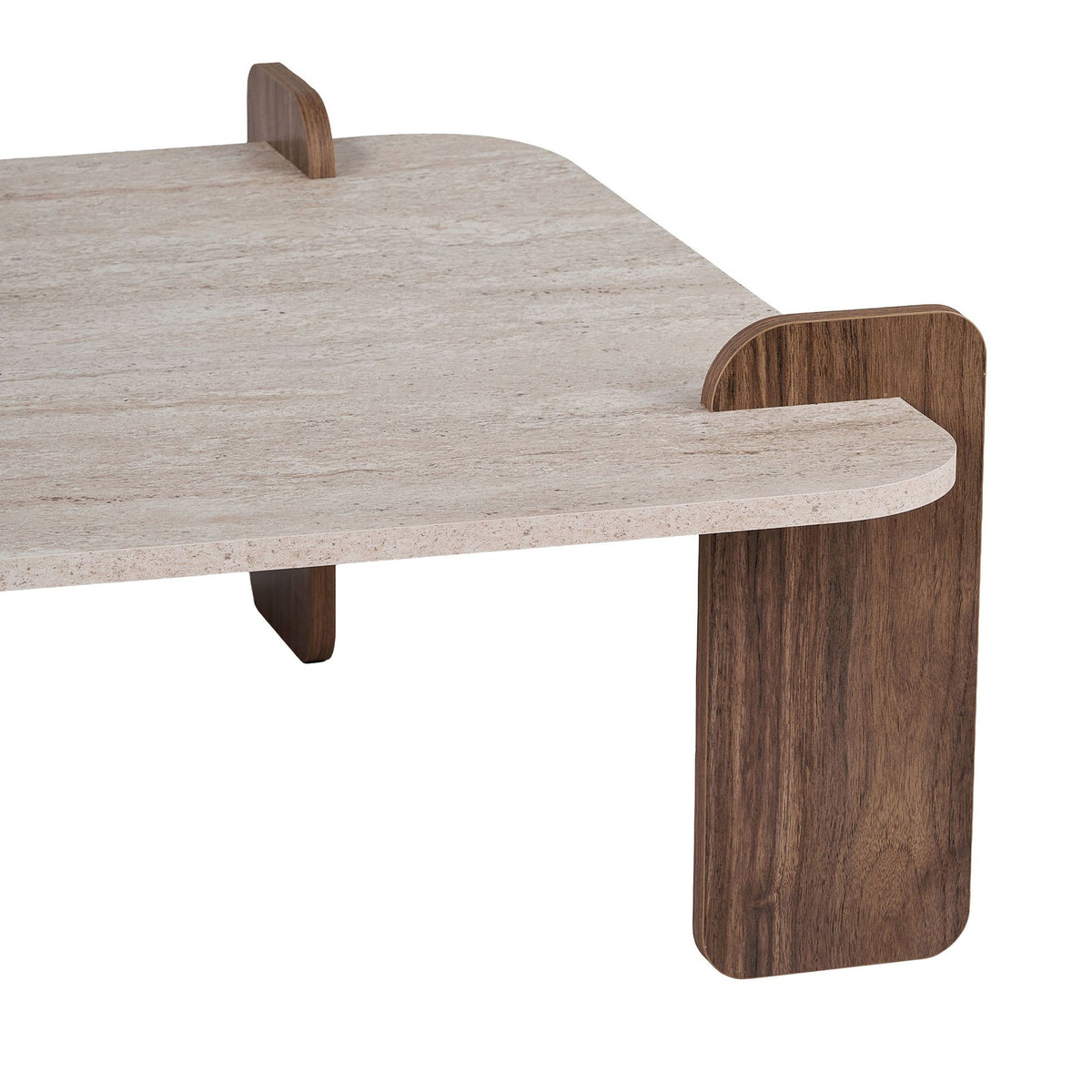 Couchtisch mit Tischplatte in Travertin-Optik und Untergestell in Venezia-Nussbaum-Optik aus melaminbeschichteter Spanplatte, 117 x 117 x 35 cm.
