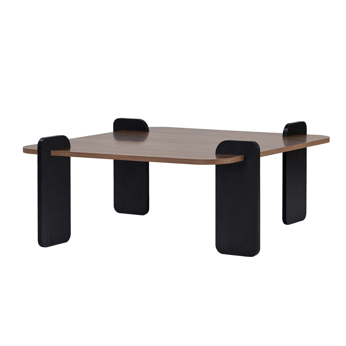 Couchtisch aus melaminbeschichteter Spanplatte in Nussbaum-Holzoptik mit schwarzem Rahmen, Masse 117 x 117 x 35 cm, Nordure Marais.