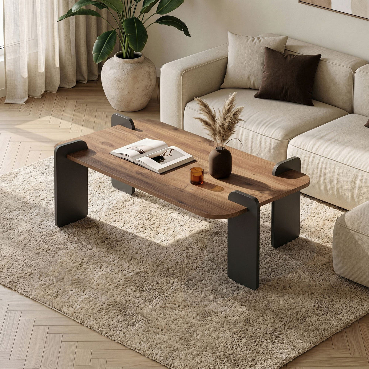 Couchtisch Renard von Nordure aus melaminbeschichteter Spanplatte in Atlantik Kiefer und Anthrazit, rechteckige Form, Masse 147x87x35 cm.