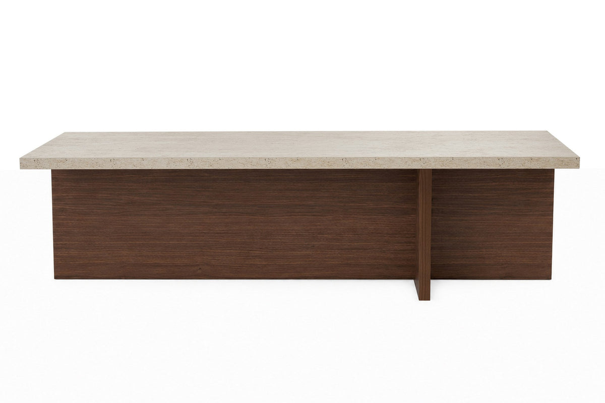 Rechteckiger Couchtisch mit Platte in Travertin-Optik und Untergestell in Milano-Walnuss, schlanke Form, 120 x 45 x 30 cm.