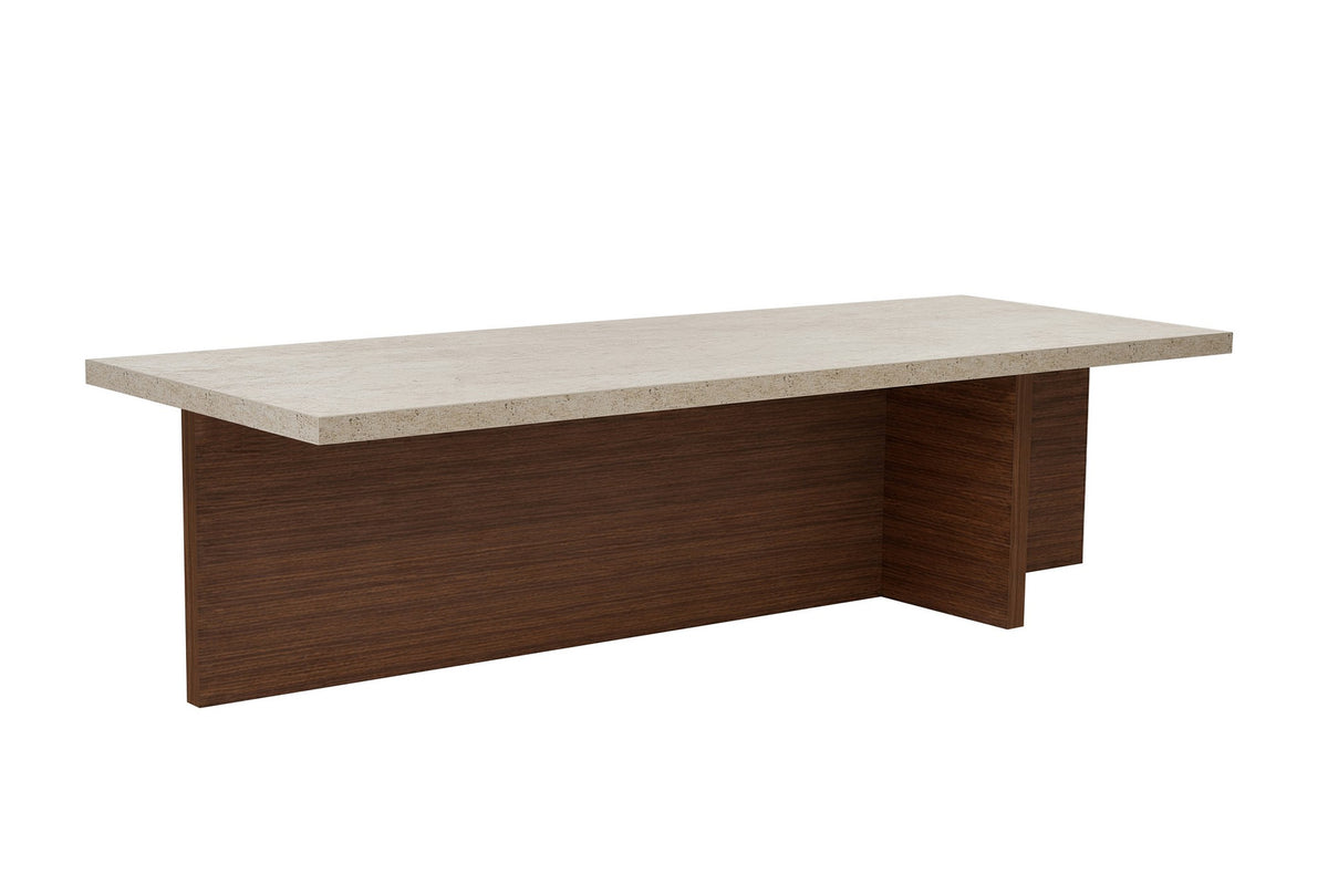 Rechteckiger Couchtisch mit Platte in Travertin-Optik und Untergestell in Milano-Walnuss, schlanke Form, 120 x 45 x 30 cm.