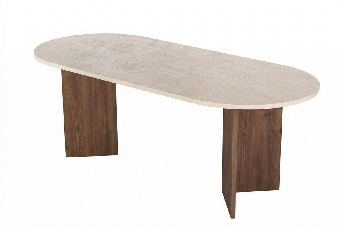 Rechteckiger Esstisch Sabella von Nordure aus melaminbeschichteter Spanplatte in Travertin- und Venezia-Walnussfarbe, Masse 200x90x75 cm.
