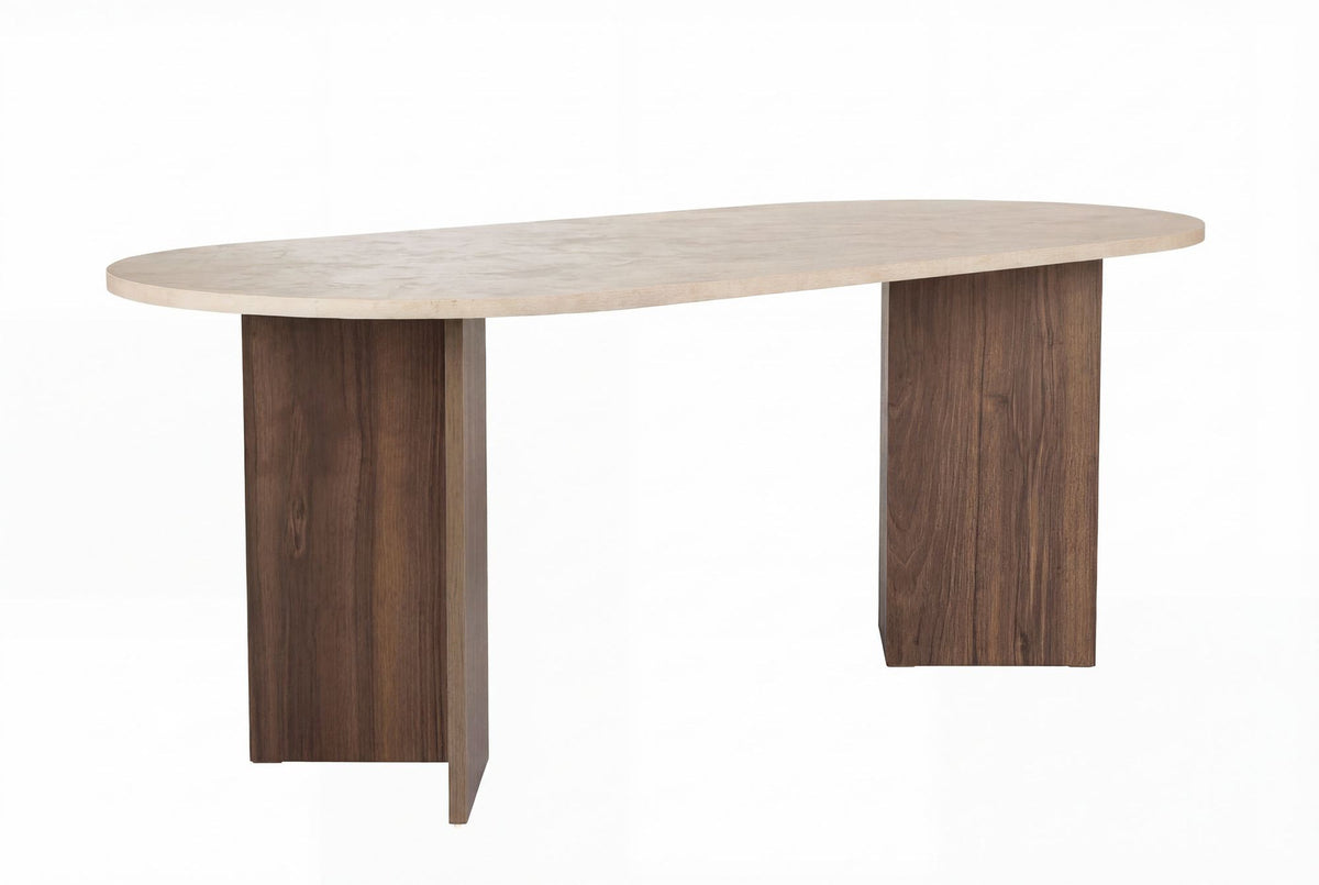 Rechteckiger Esstisch Sabella von Nordure aus melaminbeschichteter Spanplatte in Travertin- und Venezia-Walnussfarbe, Masse 200x90x75 cm.