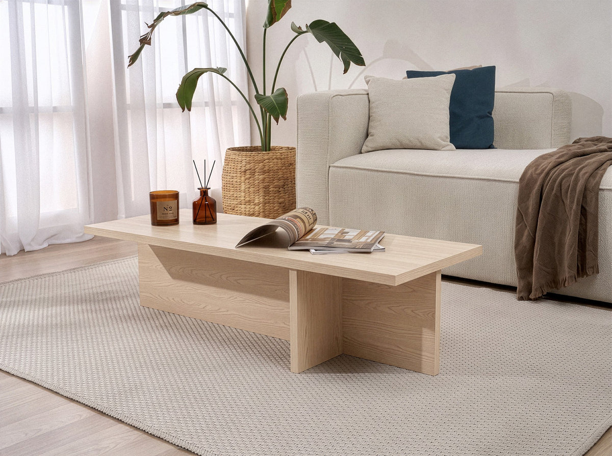 Couchtisch Harbor in Pusula Eiche aus melaminbeschichteter Spanplatte, rechteckige Form mit schlankem Design, Masse 120x45x30 cm
