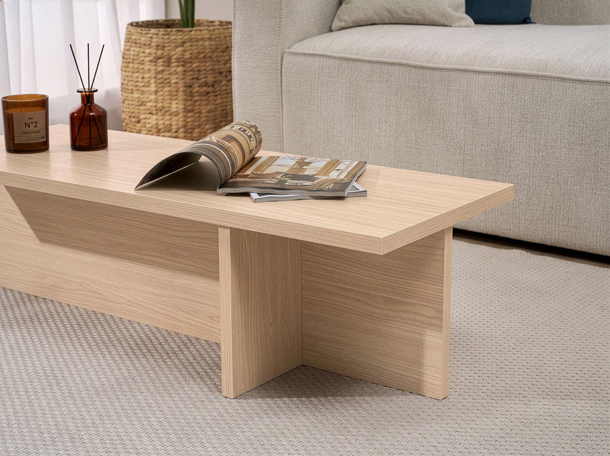 Couchtisch Harbor in Pusula Eiche aus melaminbeschichteter Spanplatte, rechteckige Form mit schlankem Design, Masse 120x45x30 cm