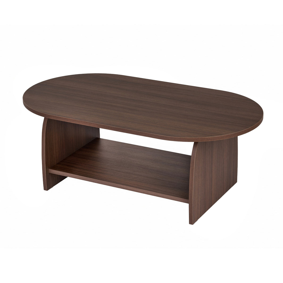 Rechteckiger Couchtisch in Nussbaum-Optik mit schlankem Design, Oberfläche aus melaminbeschichteter Spanplatte, freistehend im Wohnbereich.