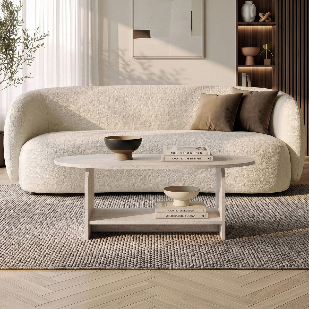 Rafel Couchtisch von Nordure in Travertin-Farbe, rechteckige Form, Material melaminbeschichtete Spanplatte, Masse 110x60x40 cm.