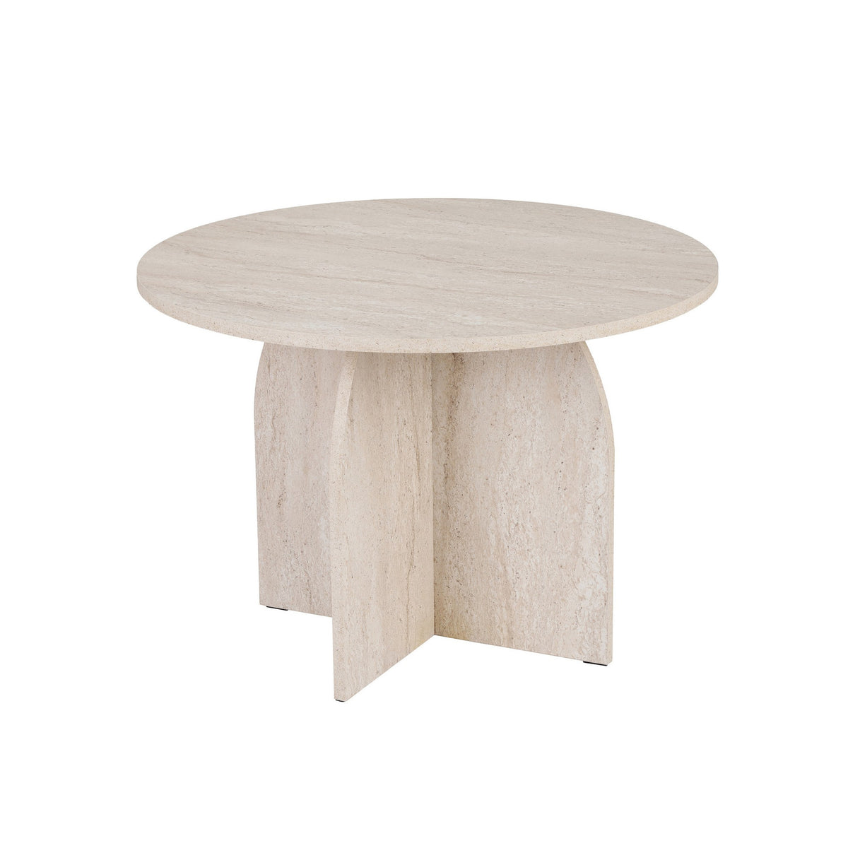 Quadratischer Esstisch in Travertinfarbe mit Tischplatte aus melaminbeschichteter Spanplatte, Masse 110x110x75 cm, schlichtes Beindesign.