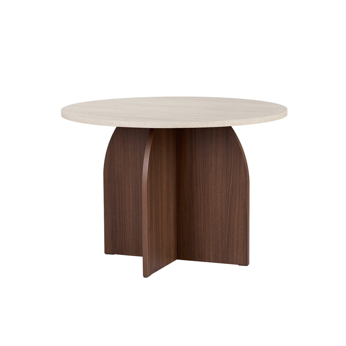 Runder Esstisch Bloom von Nordure in Travertin und Milano-Walnuss, melaminbeschichtete Spanplatte, Masse 110 x 110 x 75 cm.