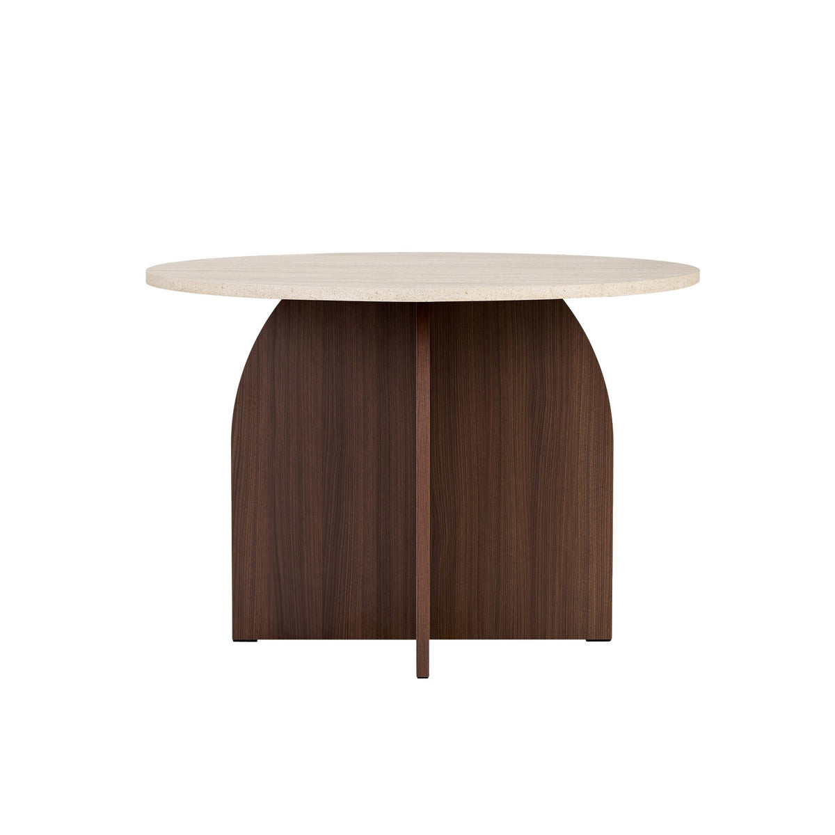Runder Esstisch Bloom von Nordure in Travertin und Milano-Walnuss, melaminbeschichtete Spanplatte, Masse 110 x 110 x 75 cm.