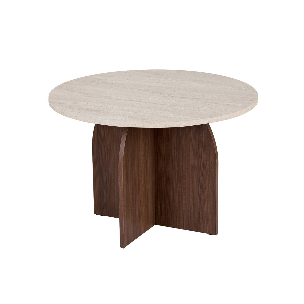 Runder Esstisch Bloom von Nordure in Travertin und Milano-Walnuss, melaminbeschichtete Spanplatte, Masse 110 x 110 x 75 cm.