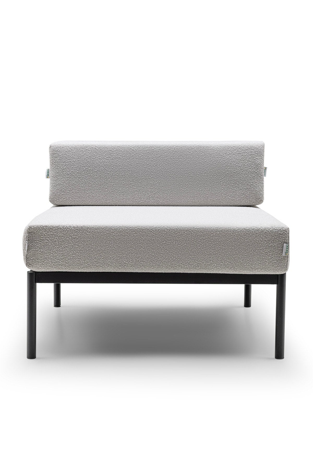 Einzelnes 1-Sitzer-Modul von Hanah Home in Schwarz/Grau mit Bouclé-Stoff, Metallbeinen und gepolsterter Rückenlehne, Masse 90x90x46 cm.