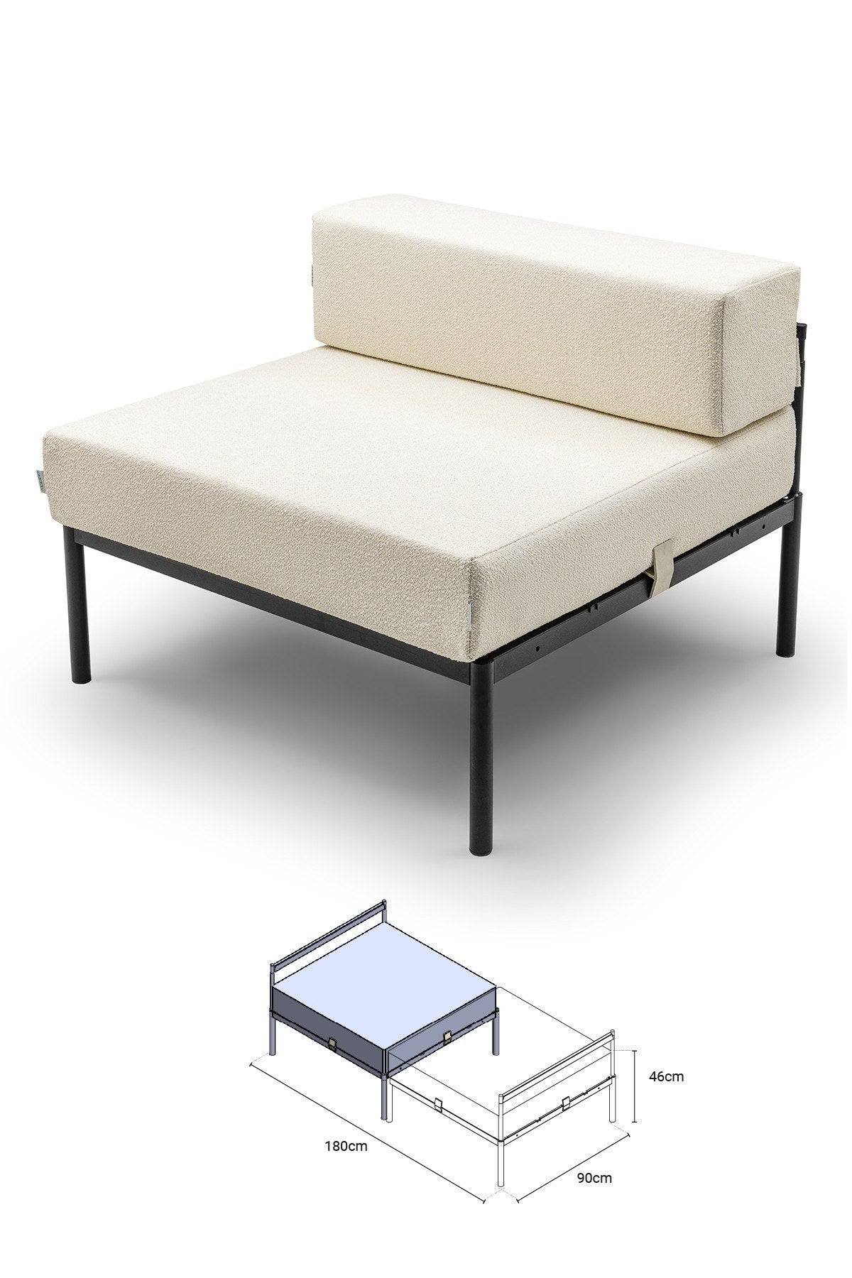 Einzelnes 1-Sitzer-Modul von Hanah Home in Schwarz und Creme, Bouclé-Stoff, Metallgestell mit schwarzen Metallbeinen, quadratische Sitzform.