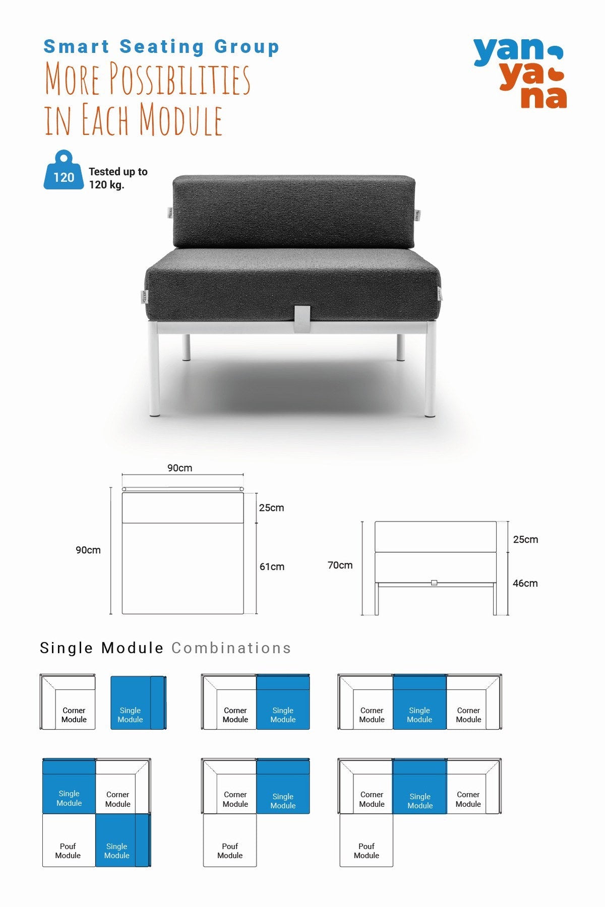 Einzelnes 1-Sitzer-Modul von Hanah Home in Schwarz und Creme, Bouclé-Stoff, Metallgestell mit schwarzen Metallbeinen, quadratische Sitzform.