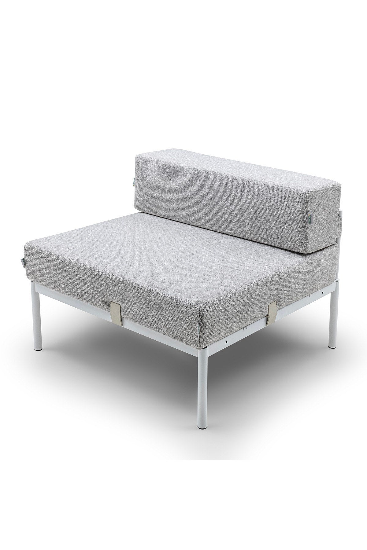 Foto eines 1-Sitzer-Moduls von Hanah Home mit Metallgestell, Metallbeinen und grauem Bouclé-Stoffbezug, Masse 90x90x46 cm.