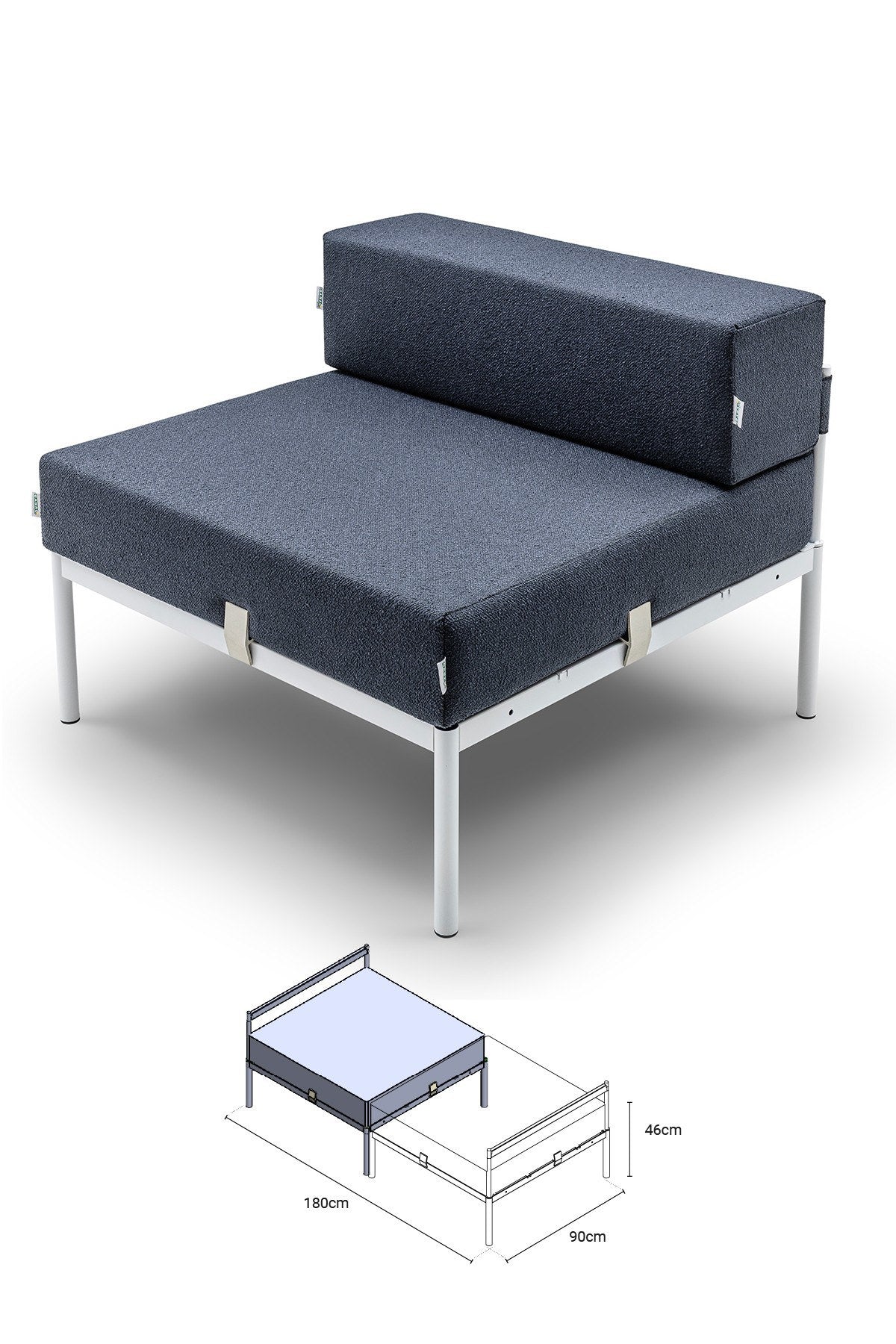 Einzelnes 1-Sitzer-Modul von Hanah Home in Weiss/Marineblau mit Bouclé-Stoff, Metallbeinen und gepolsterter Rückenlehne im Wohnzimmer.