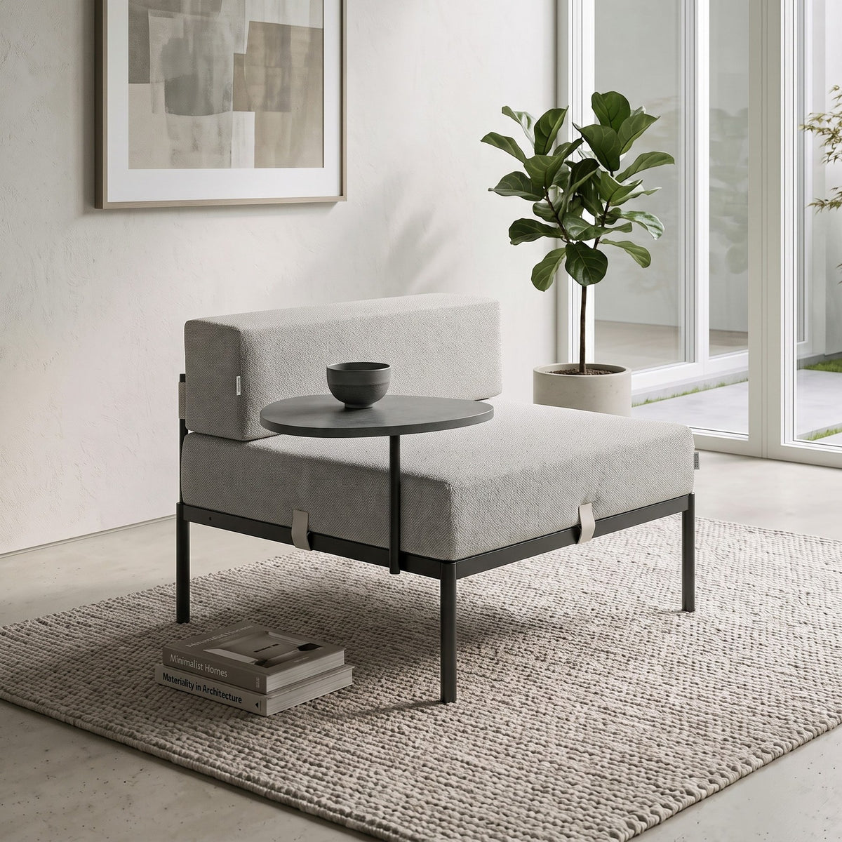 Foto eines 1-Sitzer-Sofamoduls in Schwarz/Grau mit Bouclé-Stoff, Metallgestell, Metallbeinen und integriertem Beistelltisch von Hanah Home.