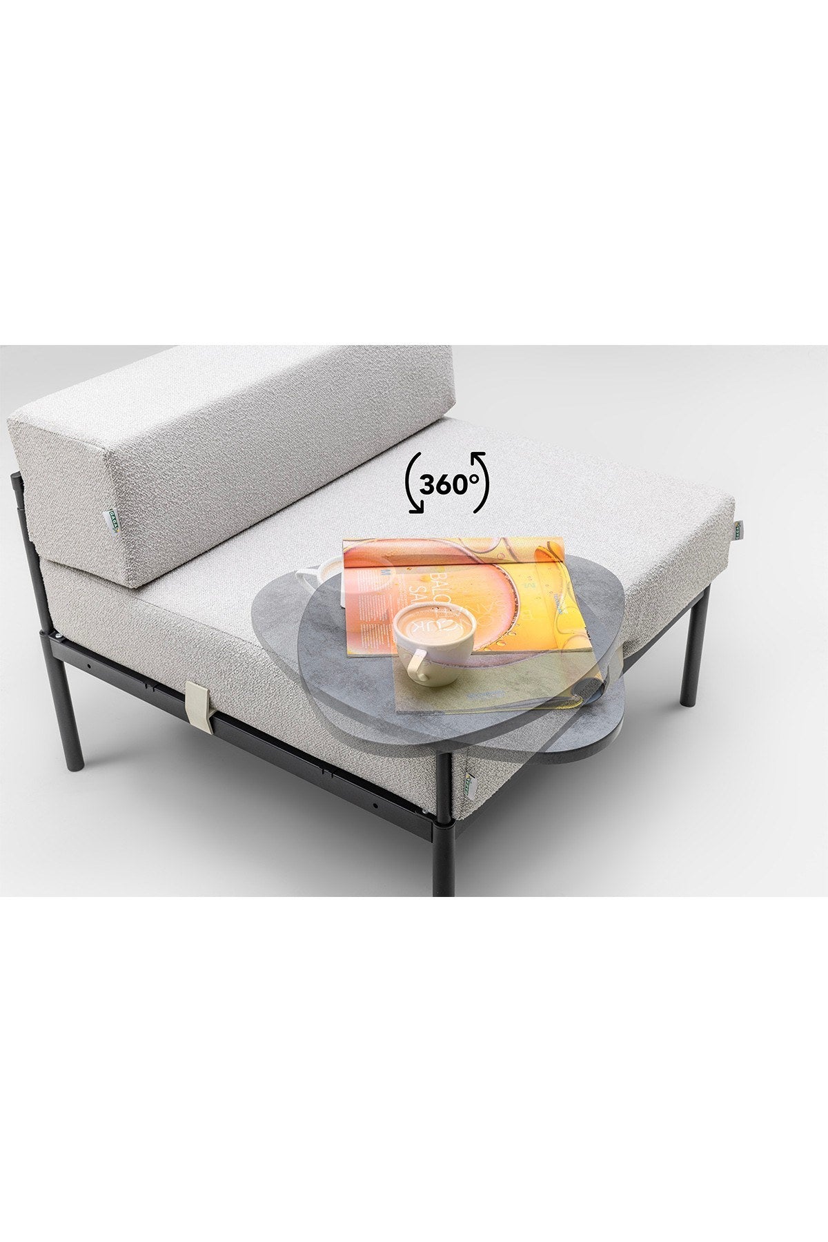 Foto eines 1-Sitzer-Sofamoduls in Schwarz/Grau mit Bouclé-Stoff, Metallgestell, Metallbeinen und integriertem Beistelltisch von Hanah Home.