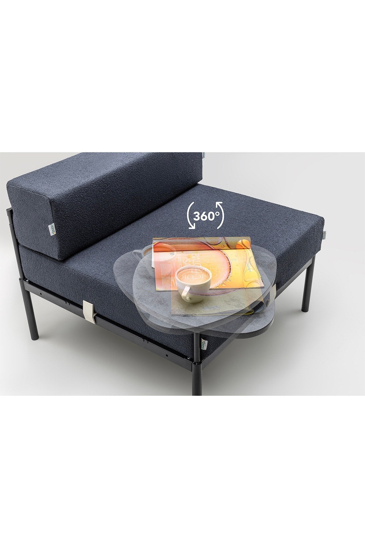 Foto vom 1-Sitzer-Modul mit Beistelltisch von Hanah Home in Schwarz und Marineblau, Bouclé-Stoff, Metallgestell, wendbares Design.