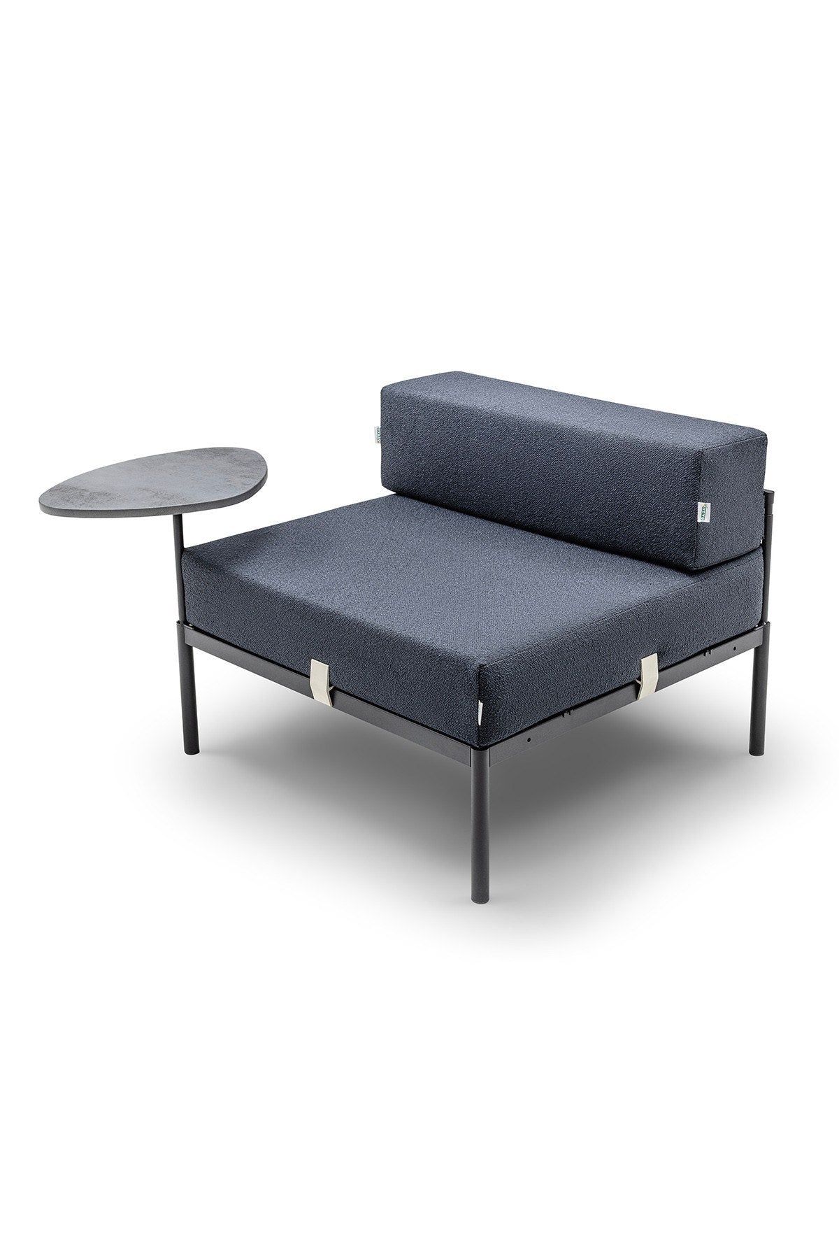 Foto vom 1-Sitzer-Modul mit Beistelltisch von Hanah Home in Schwarz und Marineblau, Bouclé-Stoff, Metallgestell, wendbares Design.