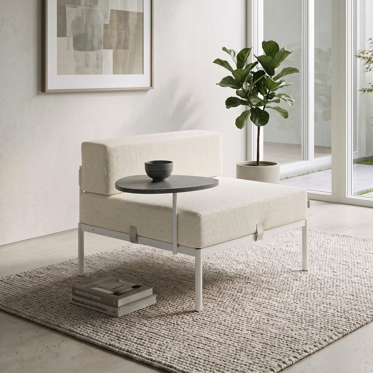 1-Sitzer-Modul mit Beistelltisch von Hanah Home in Weiss / Creme, Bouclé-Stoff, Metallgestell mit schlanken Metallbeinen und abnehmbaren Sitzkissen