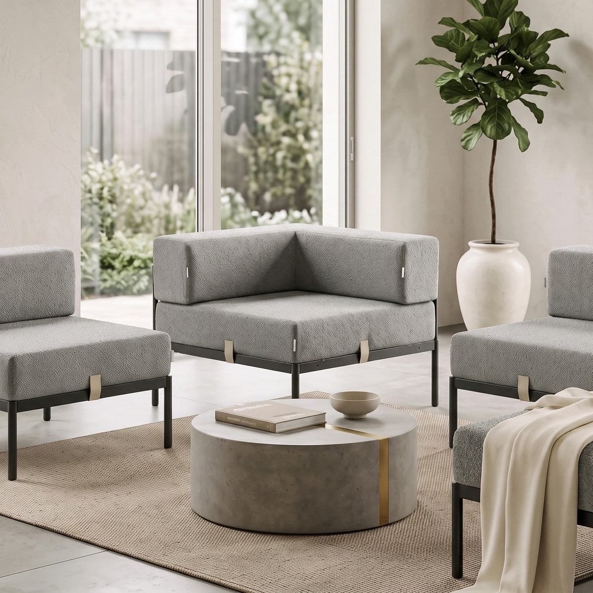 Eckmodul in Schwarz/Grau von Hanah Home mit Bouclé-Stoff-Bezug, Metallbeinen und gepolsterter Sitzfläche für ein Ecksofa.