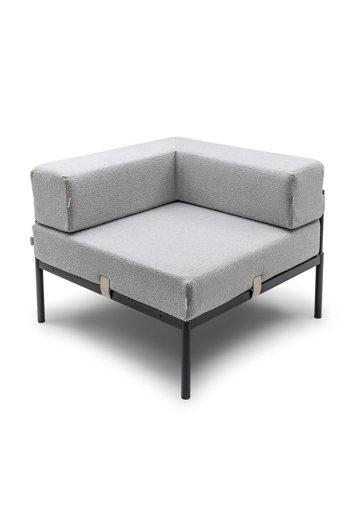 Eckmodul in Schwarz/Grau von Hanah Home mit Bouclé-Stoff-Bezug, Metallbeinen und gepolsterter Sitzfläche für ein Ecksofa.
