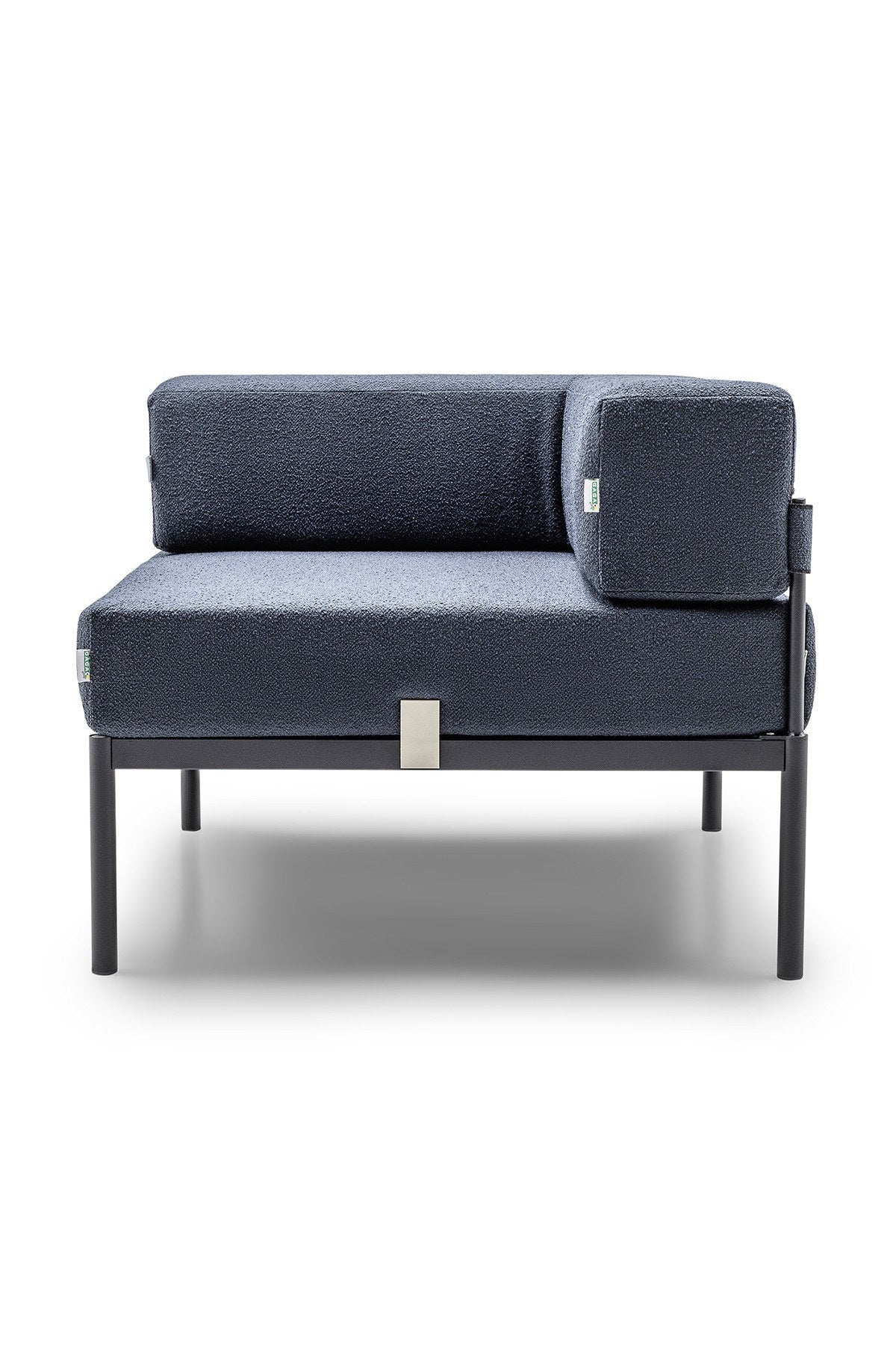 Eckmodul in Schwarz und Marineblau mit Bouclé-Stoff, Metallbeinen und gepolsterter, verstellbarer Rückenlehne, Frontalansicht.