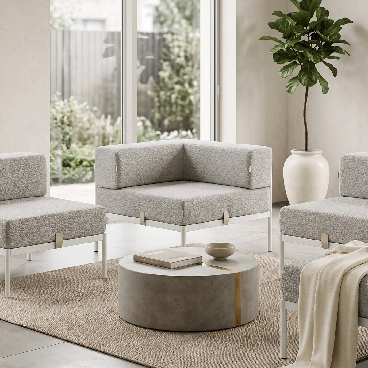 Eckmodul mit Metallgestell und Bouclé-Stoff in Weiss/Grau, Metallbeine, abnehmbare Sitzkissen, quadratische Form, 90x90 cm.