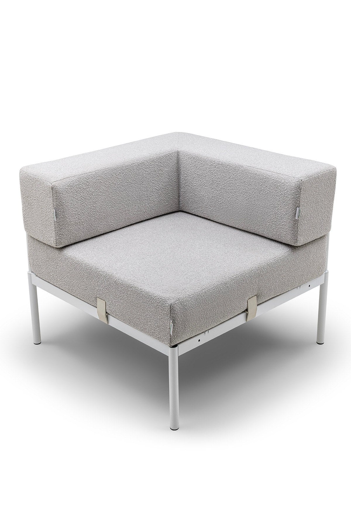 Eckmodul mit Metallgestell und Bouclé-Stoff in Weiss/Grau, Metallbeine, abnehmbare Sitzkissen, quadratische Form, 90x90 cm.