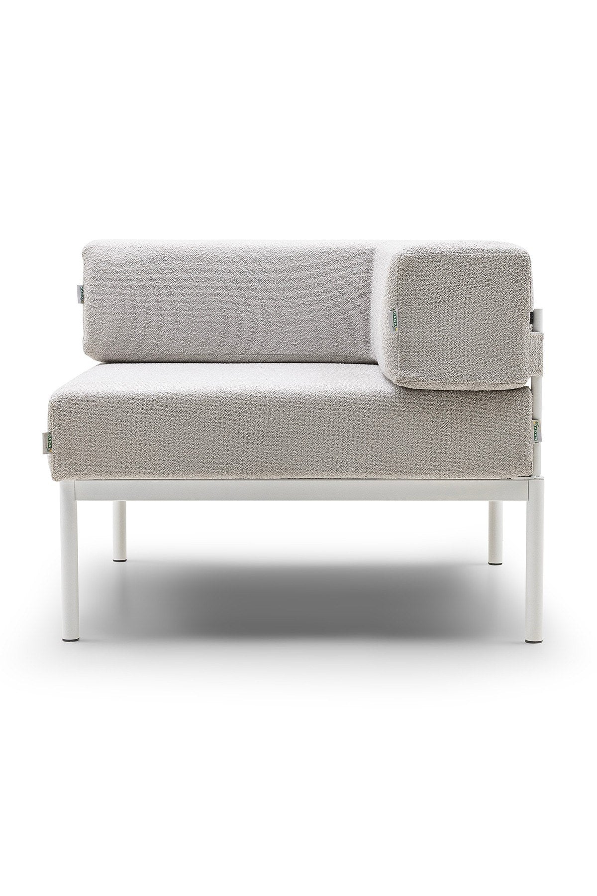 Eckmodul mit Metallgestell und Bouclé-Stoff in Weiss/Grau, Metallbeine, abnehmbare Sitzkissen, quadratische Form, 90x90 cm.