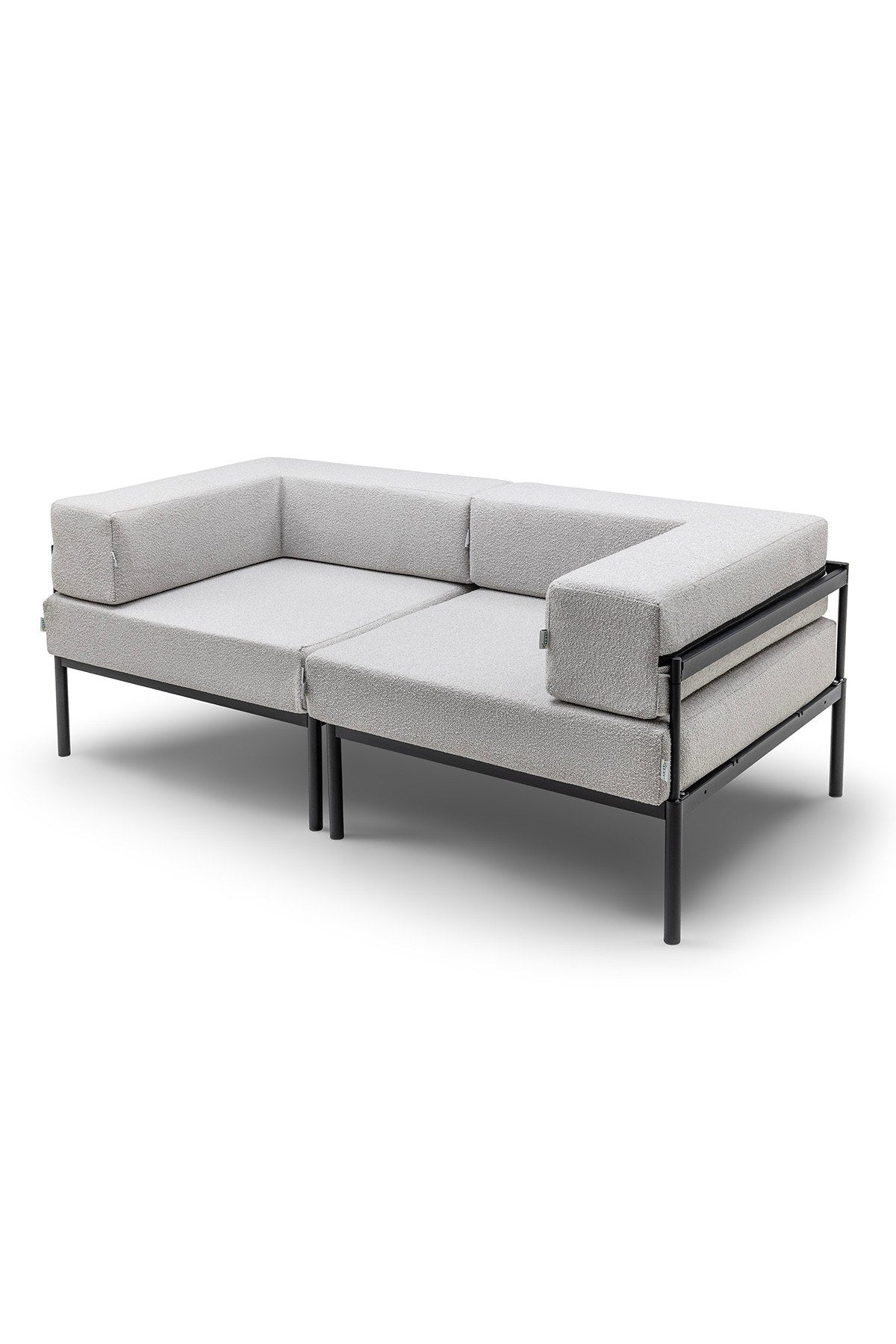 2-Sitzer-Sofa von Hanah Home in Schwarz/Grau mit Bouclé-Stoffbezug, Metallgestell und Metallbeinen, Sitzhöhe 46 cm, verstellbare Rückenlehne.