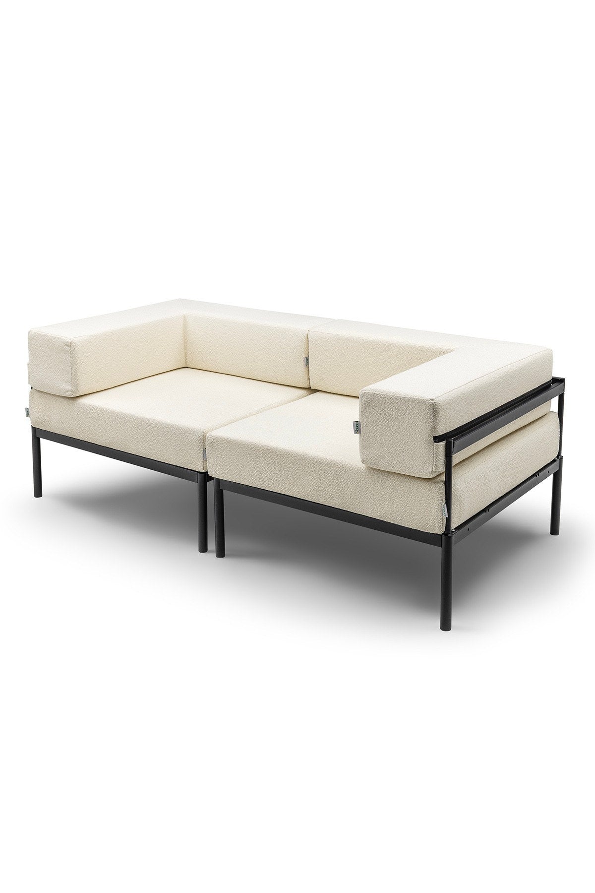 2-Sitzer-Sofa in Schwarz und Creme mit Bouclé-Stoff, Metallbeinen und abnehmbaren Sitzkissen, Breite 180 cm, Tiefe 90 cm, Höhe 46 cm.