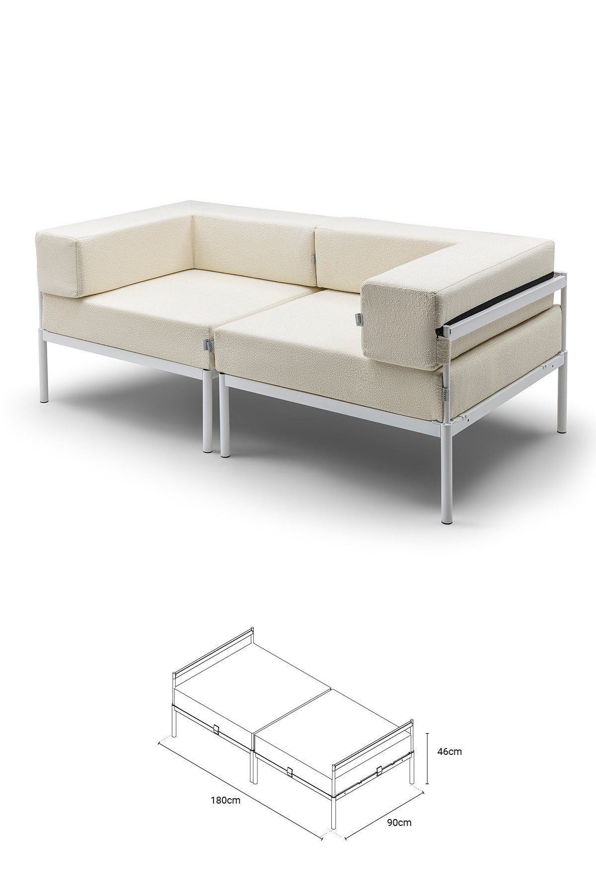 2-Sitzer-Sofa in Weiss/Creme mit Bouclé-Stoffbezug, Metallgestell und Metallbeinen, abnehmbaren Sitzkissen und verstellbarer Rückenlehne, 180 cm breit.
