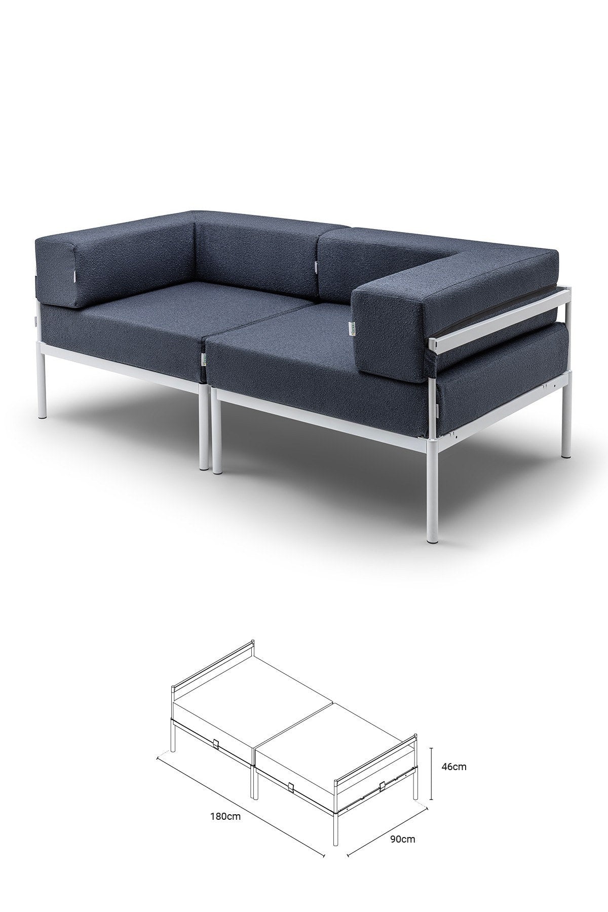 Zweisitzer-Sofa in Weiss und Marineblau mit Bouclé-Stoff, Metallgestell und schlanken Metallbeinen, mit abnehmbaren Sitzkissen, Frontalansicht.