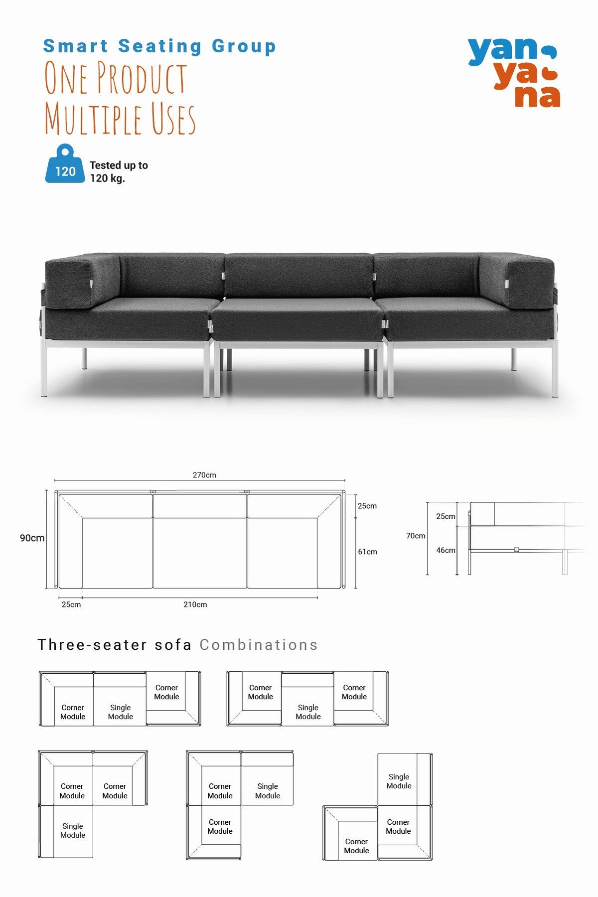 Bouclé-Stoff 3-Sitzer-Sofa in Schwarz und Creme mit Metallbeinen, verstellbarer Rückenlehne und abnehmbaren Kissen, Frontalansicht.
