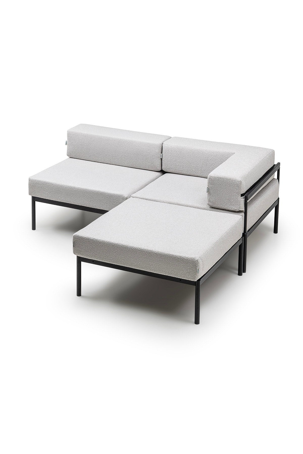 Ecksofa Corner Set 180 in Schwarz und Grau mit Bouclé-Stoffbezug, Metallgestell und schlanken Metallbeinen, grosszügige Sitzfläche.