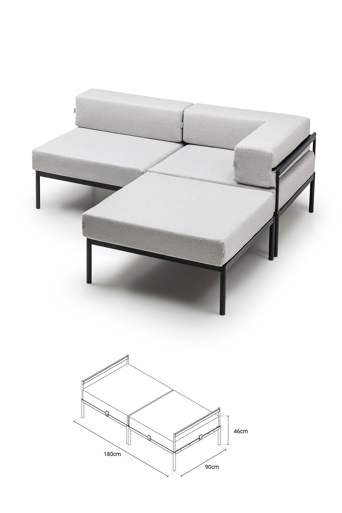 Ecksofa Corner Set 180 in Schwarz und Grau mit Bouclé-Stoffbezug, Metallgestell und schlanken Metallbeinen, grosszügige Sitzfläche.