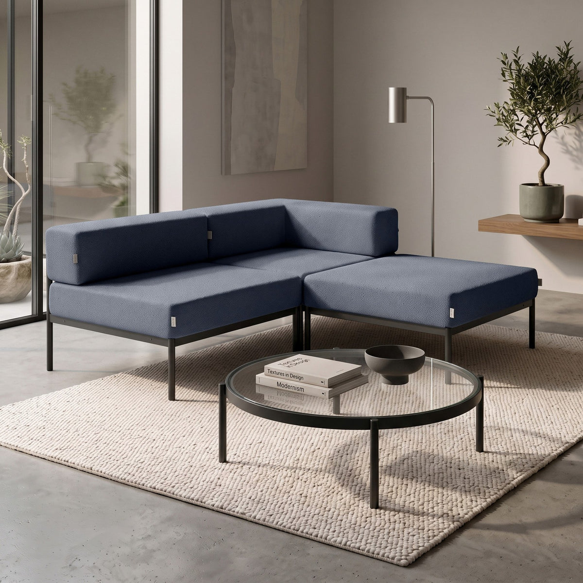 Ecksofa Corner Set 180 von Hanah Home in Schwarz und Marineblau, Bouclé-Stoff, Metallgestell mit Metallbeinen, wendbares Design.