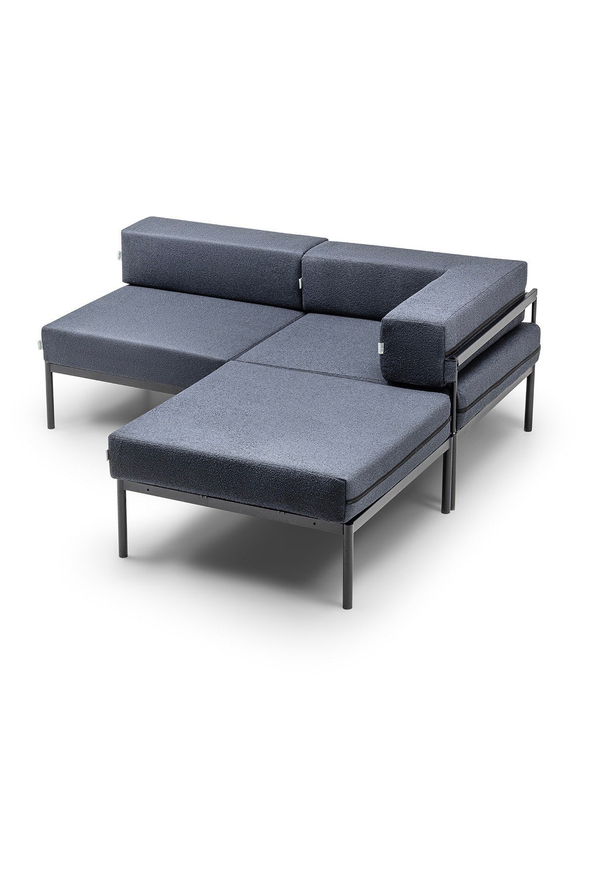 Ecksofa Corner Set 180 von Hanah Home in Schwarz und Marineblau, Bouclé-Stoff, Metallgestell mit Metallbeinen, wendbares Design.