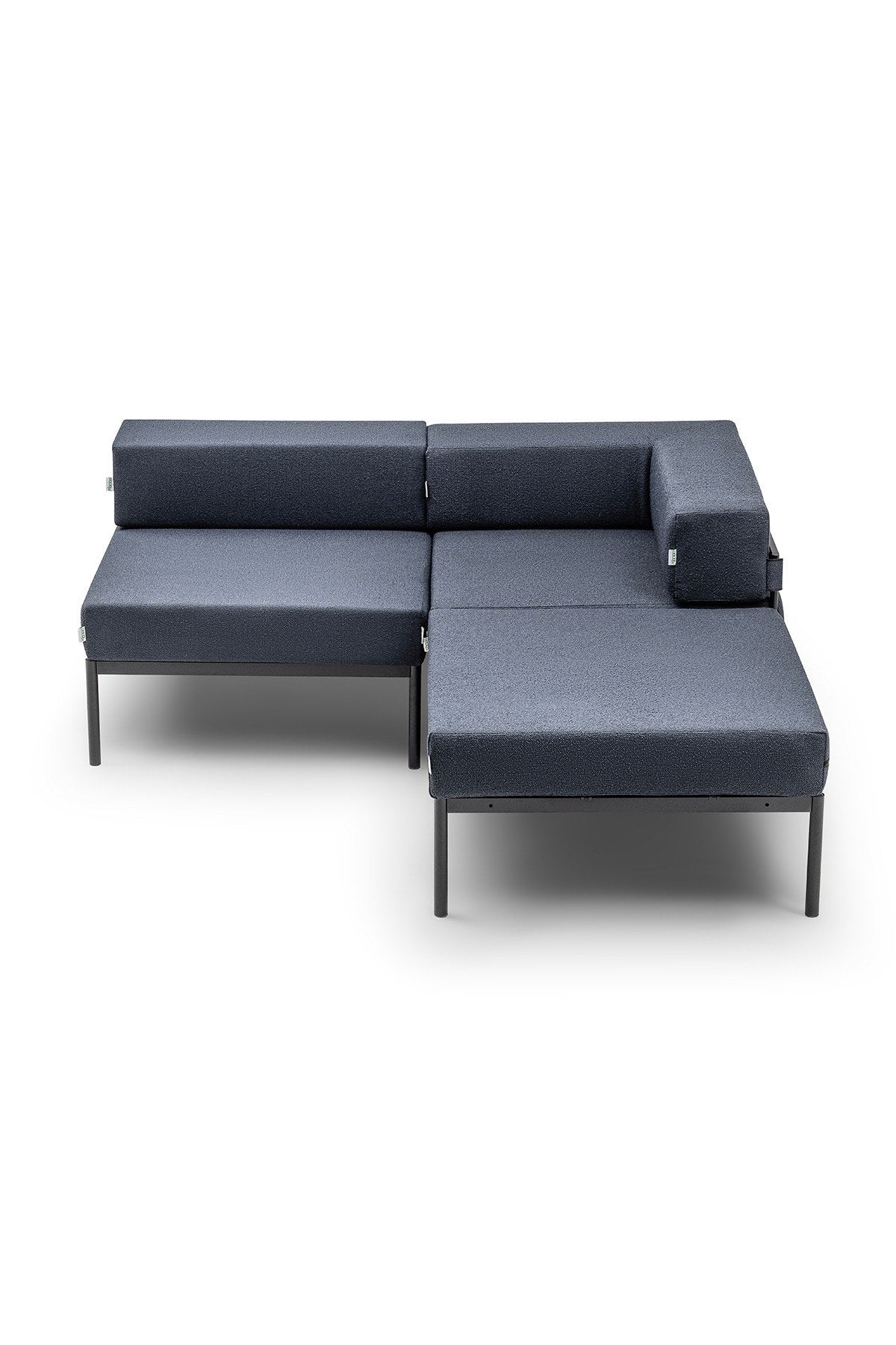 Ecksofa Corner Set 180 von Hanah Home in Schwarz und Marineblau, Bouclé-Stoff, Metallgestell mit Metallbeinen, wendbares Design.