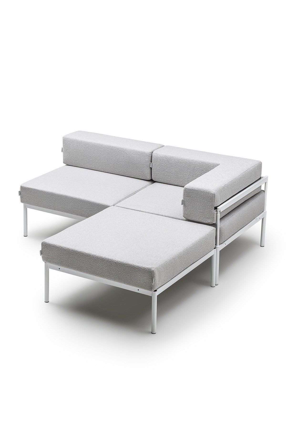 Ecksofa Corner Set 180 in Weiss und Grau mit Bouclé-Stoff, Metallbeinen und verstellbarer Rückenlehne, Ansicht von vorne
