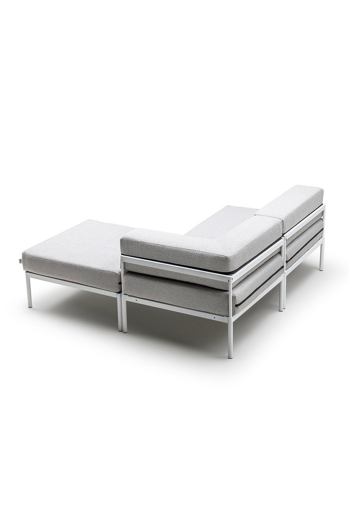 Ecksofa Corner Set 180 in Weiss und Grau mit Bouclé-Stoff, Metallbeinen und verstellbarer Rückenlehne, Ansicht von vorne