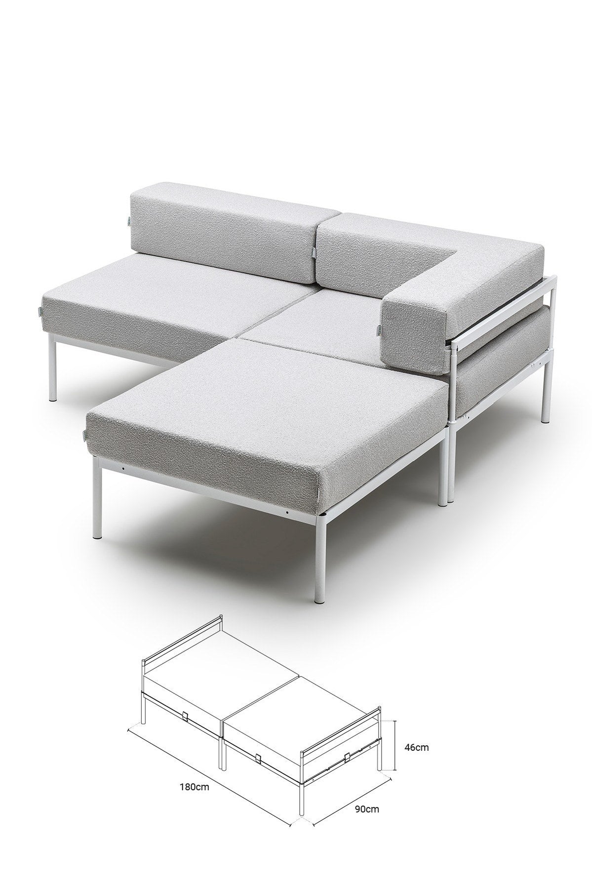 Ecksofa Corner Set 180 in Weiss und Grau mit Bouclé-Stoff, Metallbeinen und verstellbarer Rückenlehne, Ansicht von vorne