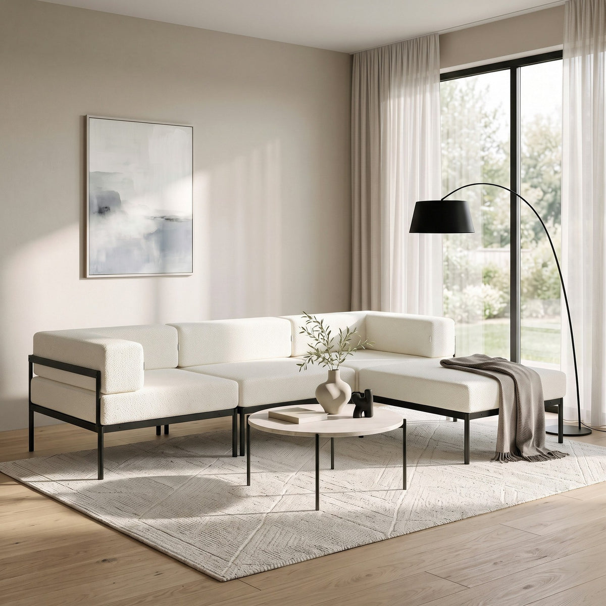 Ecksofa Corner Set 270 von Hanah Home in Schwarz und Creme, Bouclé-Stoffbezug, Metallbeine, verstellbare Rückenlehne und abnehmbare Sitzkissen.