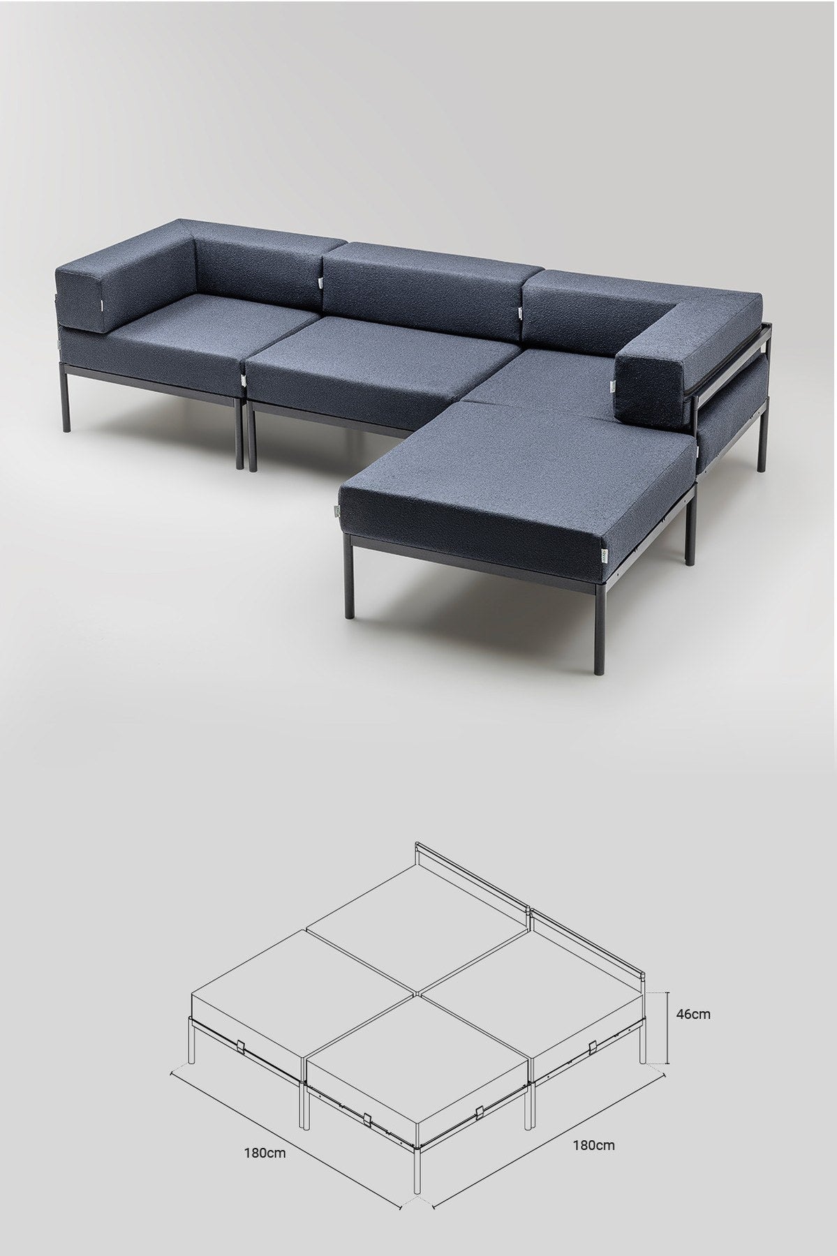Ecksofa Corner Set 270 von Hanah Home in Schwarz und Marineblau mit Bouclé-Stoff-Bezug, Metallgestell und Metallbeinen.