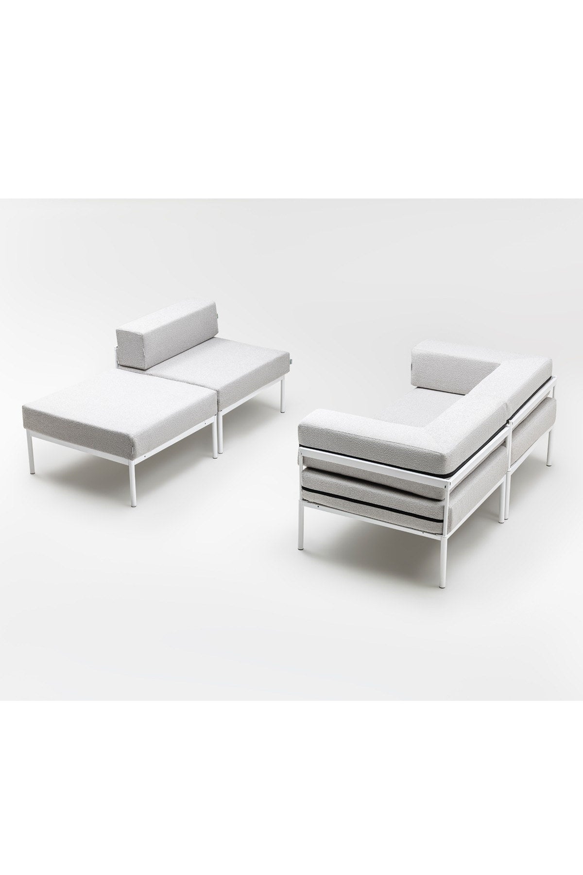 Ecksofa Corner Set 270 in Weiss und Grau mit Bouclé-Stoffbezug, Metallgestell und Metallbeinen, wendbares Design