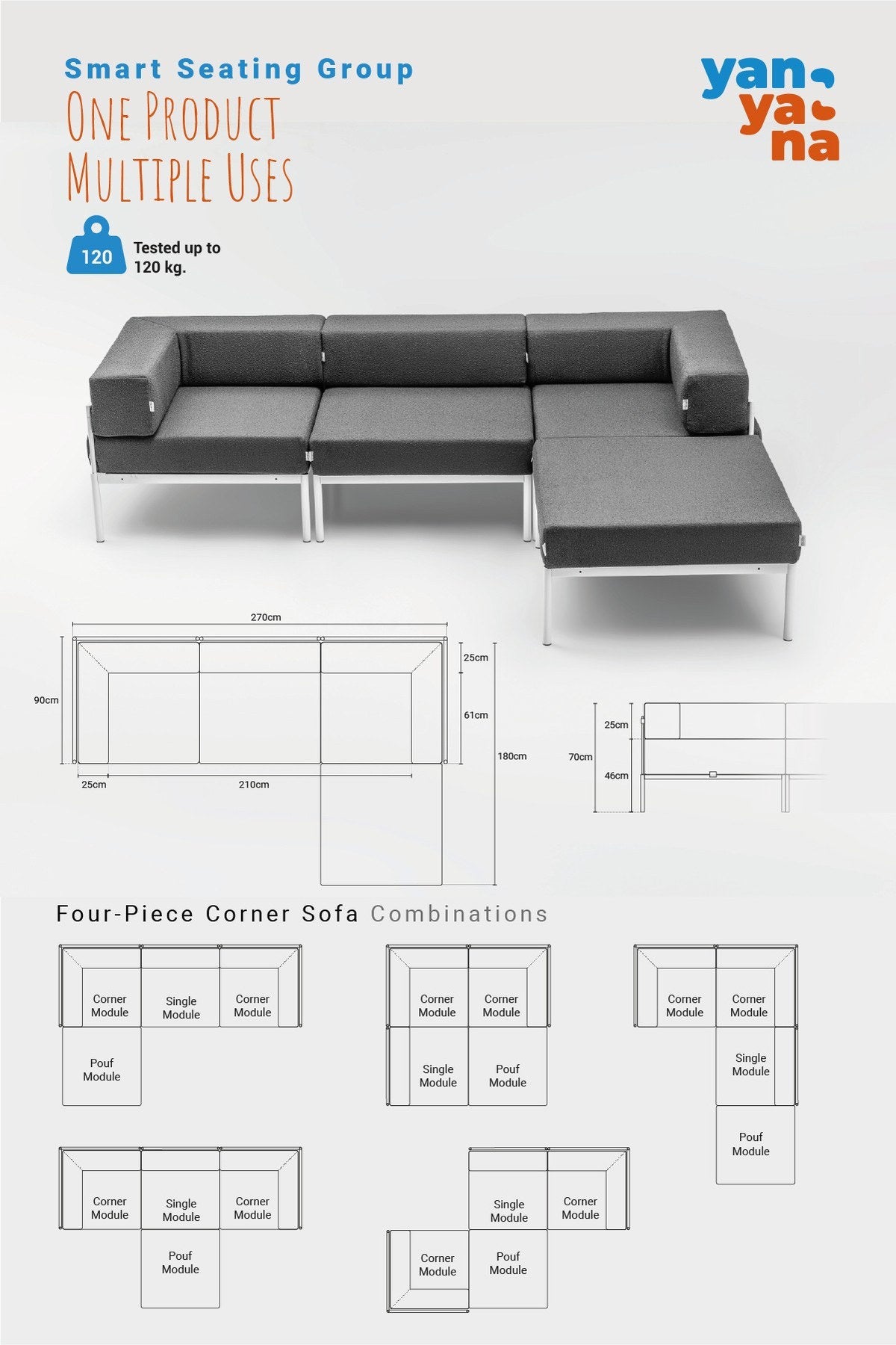 Ecksofa Corner Set 270 von Hanah Home in Weiss/Creme, Bouclé-Stoff, Metallbeine, wendbares Design mit verstellbarer Rückenlehne.