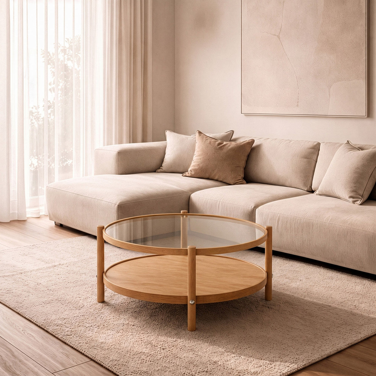 Runder Couchtisch aus massivem Eichenholz mit Glasplatte, 80 cm breit, 80 cm tief, 48 cm hoch, Modell Monza 80 von Hanah Home.