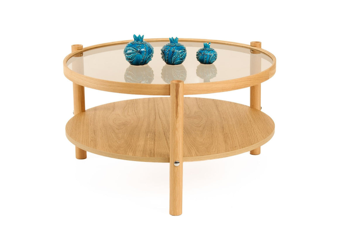 Runder Couchtisch aus massivem Eichenholz mit Glasplatte, 80 cm breit, 80 cm tief, 48 cm hoch, Modell Monza 80 von Hanah Home.